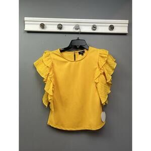 Milk & Honey Top Womens Small Blouse Yellow Short Sleeve Ruffle Bold Bright NEW‎